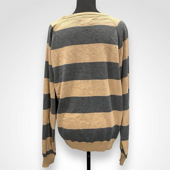 GANT Cotton Cashmere V-Neck Pullover Sweater Jumper Tan Gray Stripe Men's Large - Picture 3 of 7